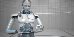 A robot works with food