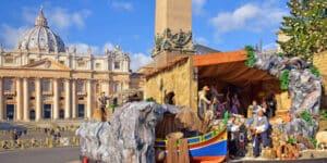 A man hides in a Christmas scene